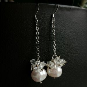 Sterling silver crystal dangle drop earrings white freshwater pearl 🆕